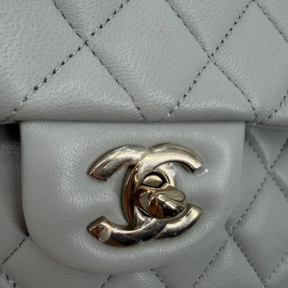 Chanel Lambskin Quilted Classic Double Flap Shoulder Bag Gray Gold Women's